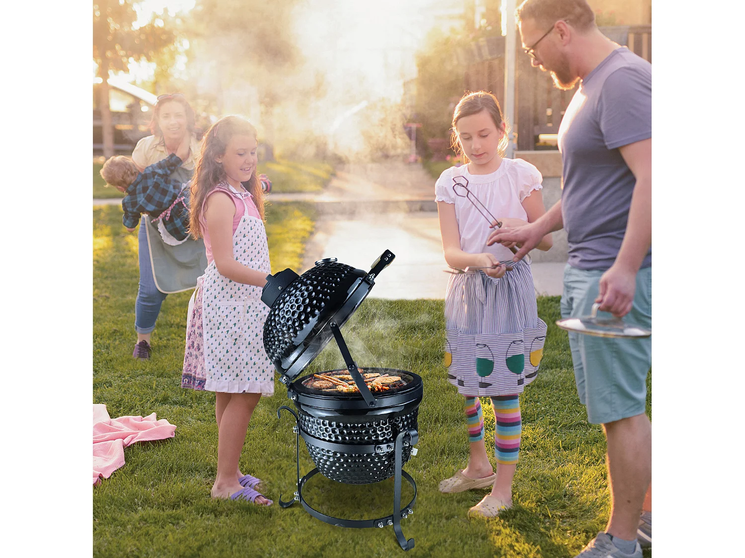 Barbecue à charbon BBQ grill fumoir sur pieds design contemporain olive acier céramique martelé noir