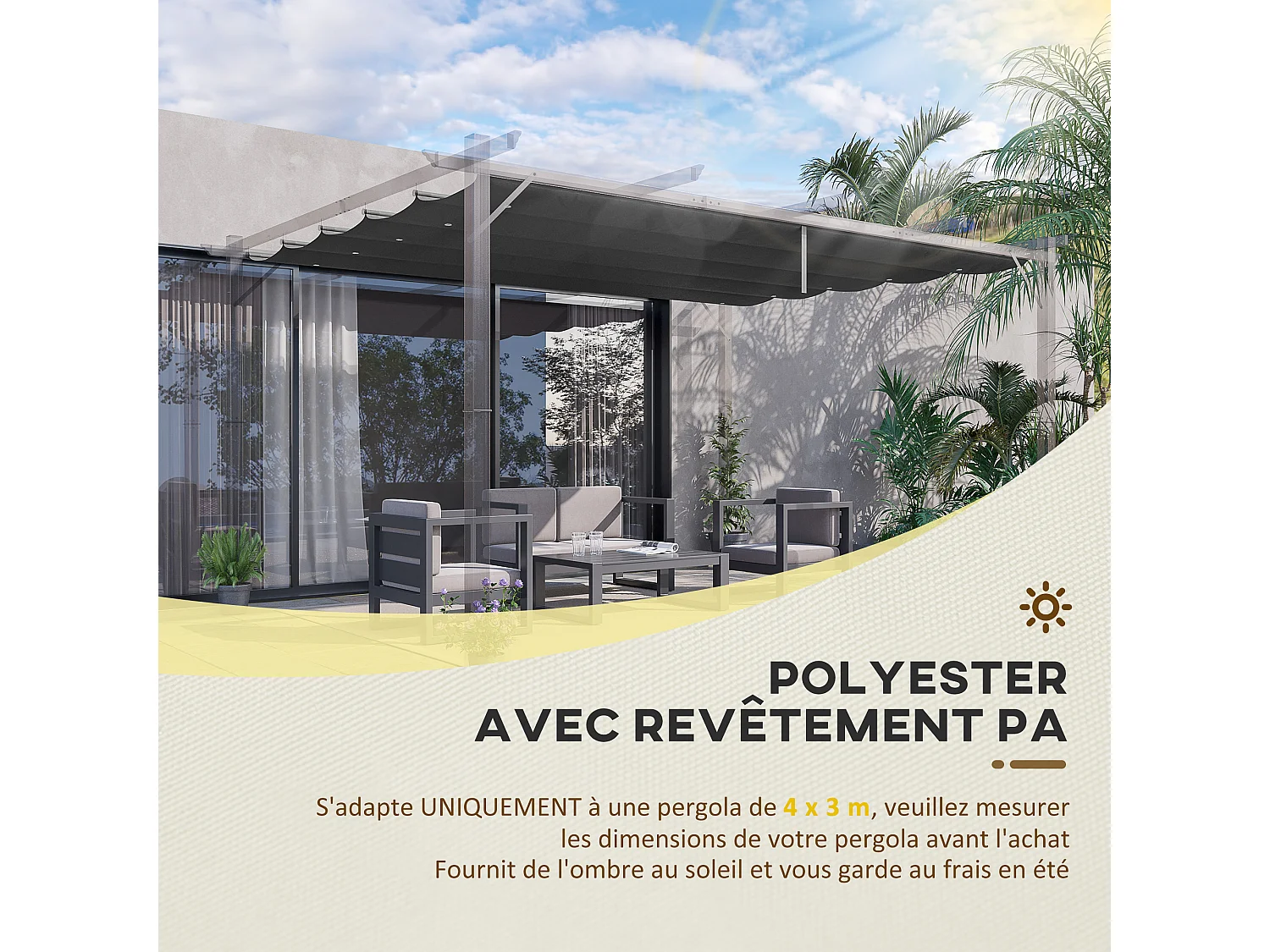 Toile de rechange pour pergola rétractable 4 x 3 m polyester haute densité 180 g/m² imperméabilisé gris