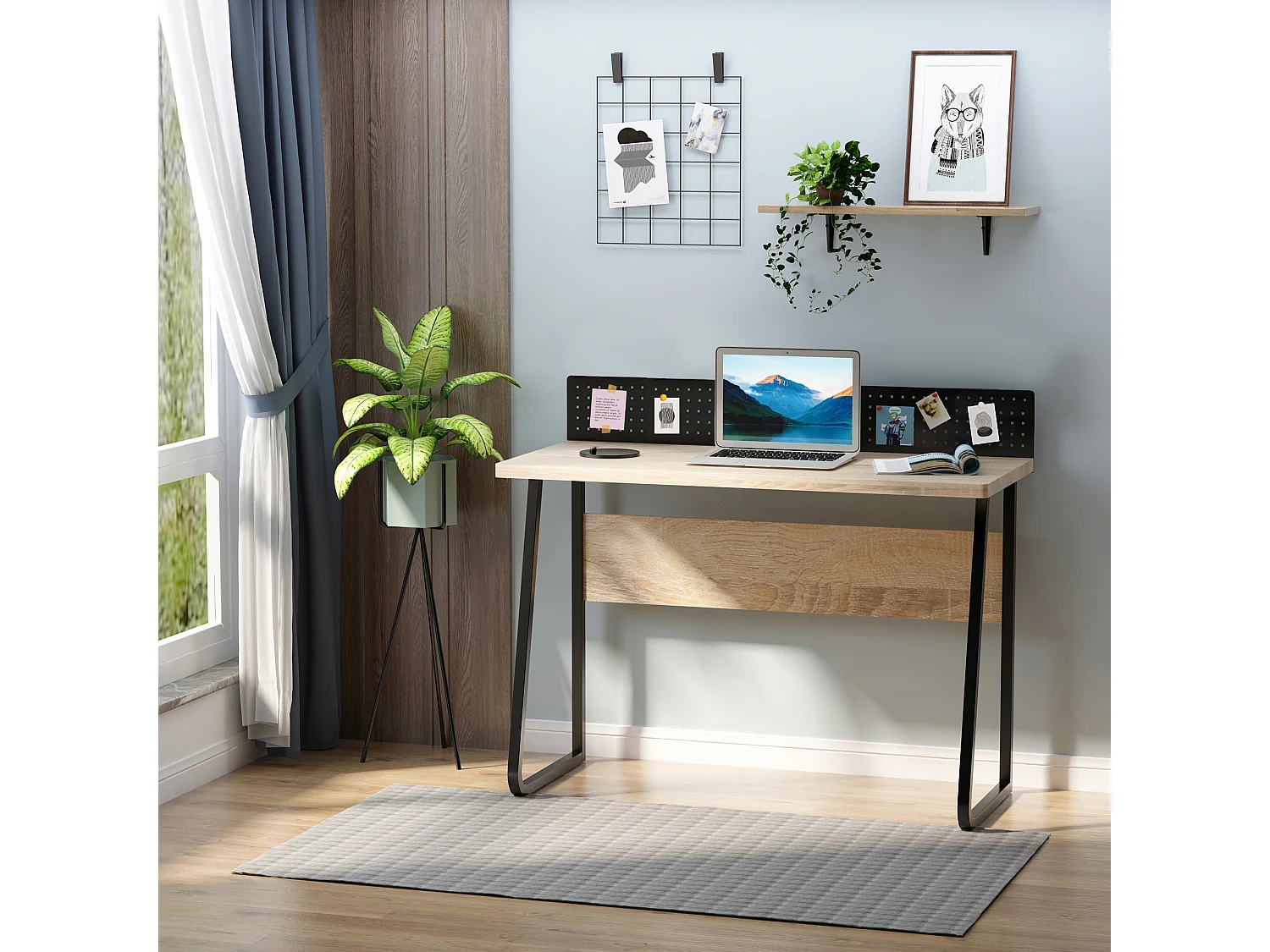 Bureau secrétaire style industriel dim. 110L x 48l x 90H cm châssis métal noir plateau support panneaux particules chêne clair