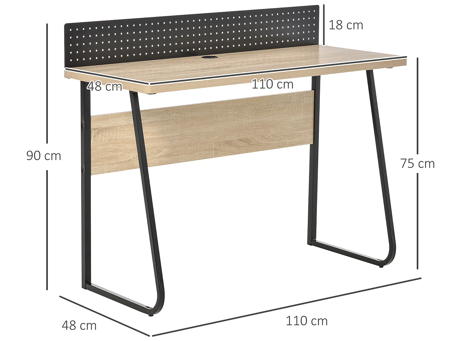 Bureau secrétaire style industriel dim. 110L x 48l x 90H cm châssis métal noir plateau support panneaux particules chêne clair