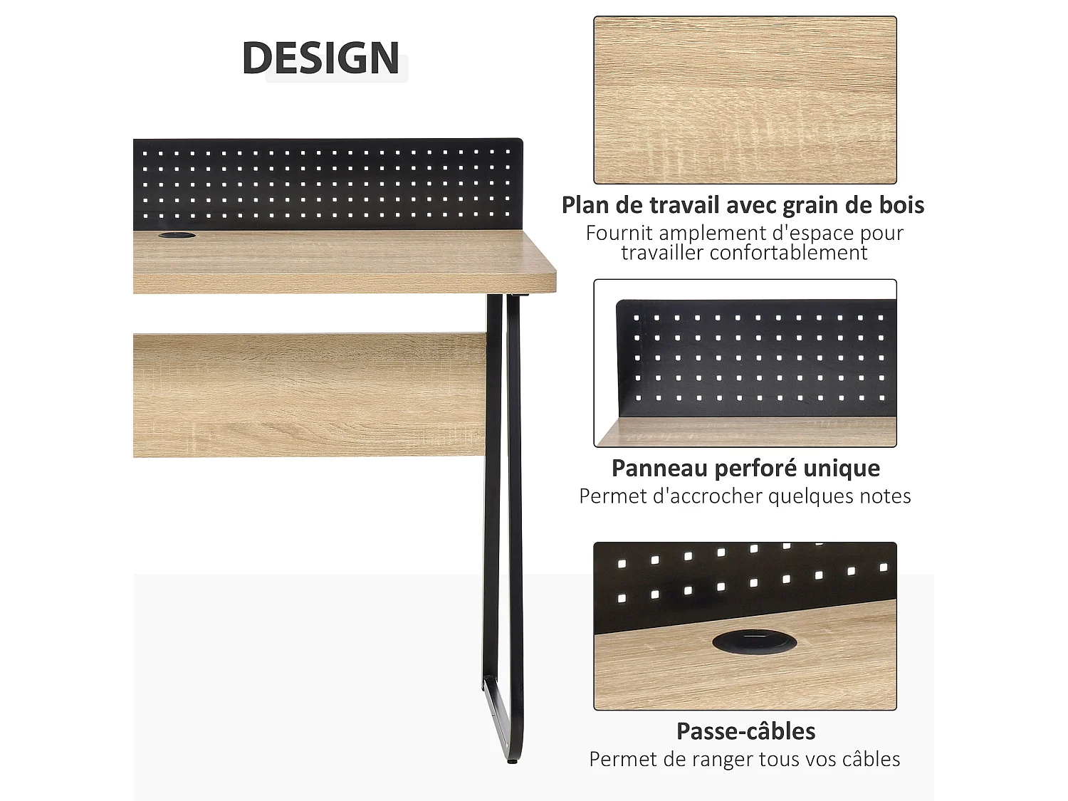 Bureau secrétaire style industriel dim. 110L x 48l x 90H cm châssis métal noir plateau support panneaux particules chêne clair
