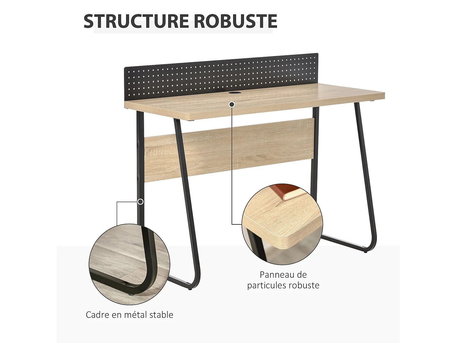 Bureau secrétaire style industriel dim. 110L x 48l x 90H cm châssis métal noir plateau support panneaux particules chêne clair