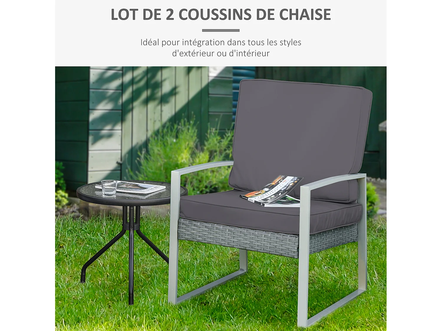 Coussins de fauteuil de jardin zippés déhoussables - galettes de chaise de jardin - épais rembourrage 7 cm - polyester haute densité gris