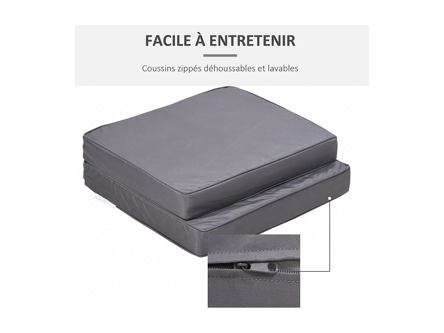 Coussins de fauteuil de jardin zippés déhoussables - galettes de chaise de jardin - épais rembourrage 7 cm - polyester haute densité gris
