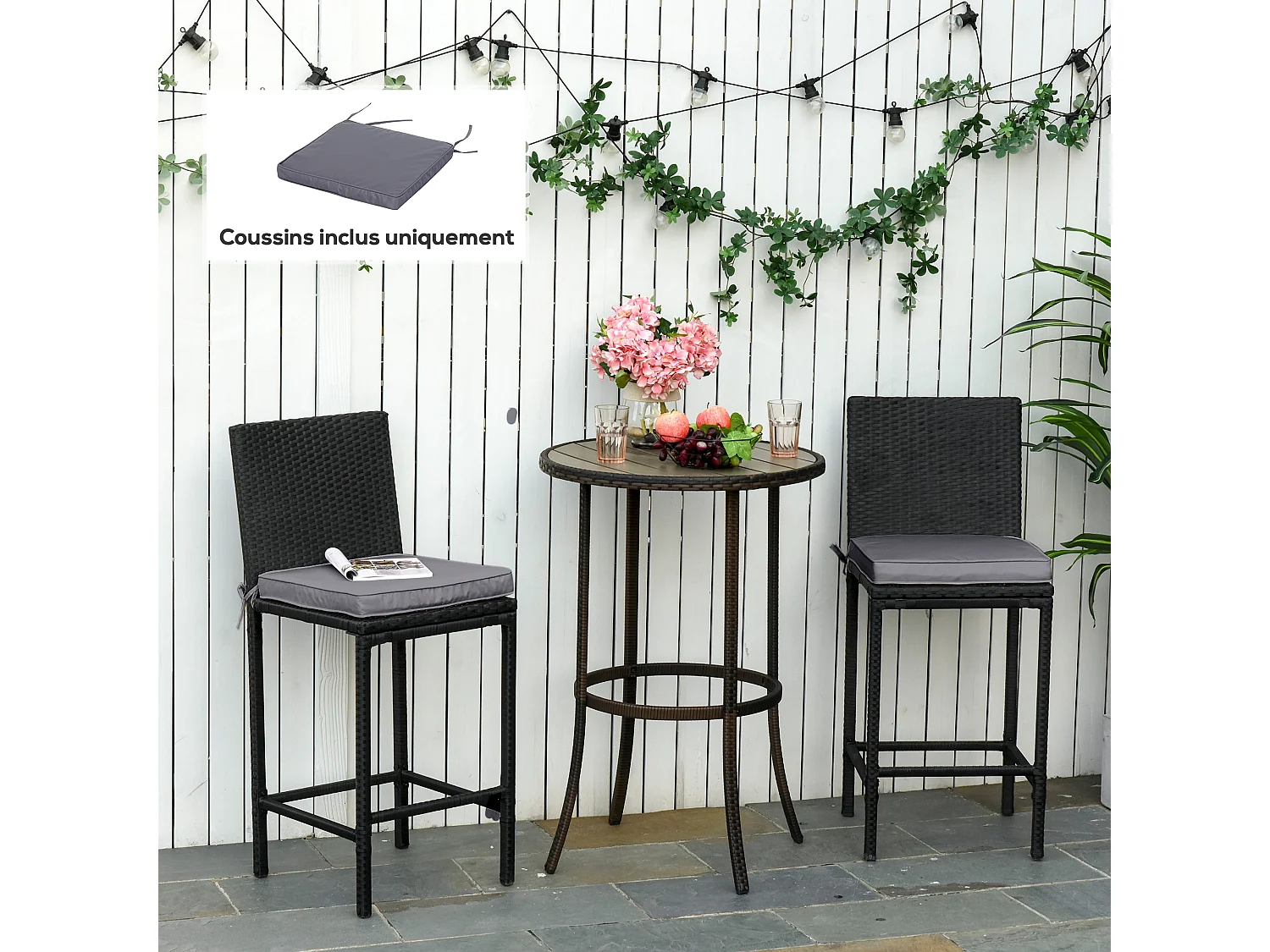 Lot de 2 coussins d'assise carrés chaises fauteuils tabourets - coussins déhoussables zippés avec cordons d'attache - dim. 45L x 45l cm ép. 5 cm - polyester gris