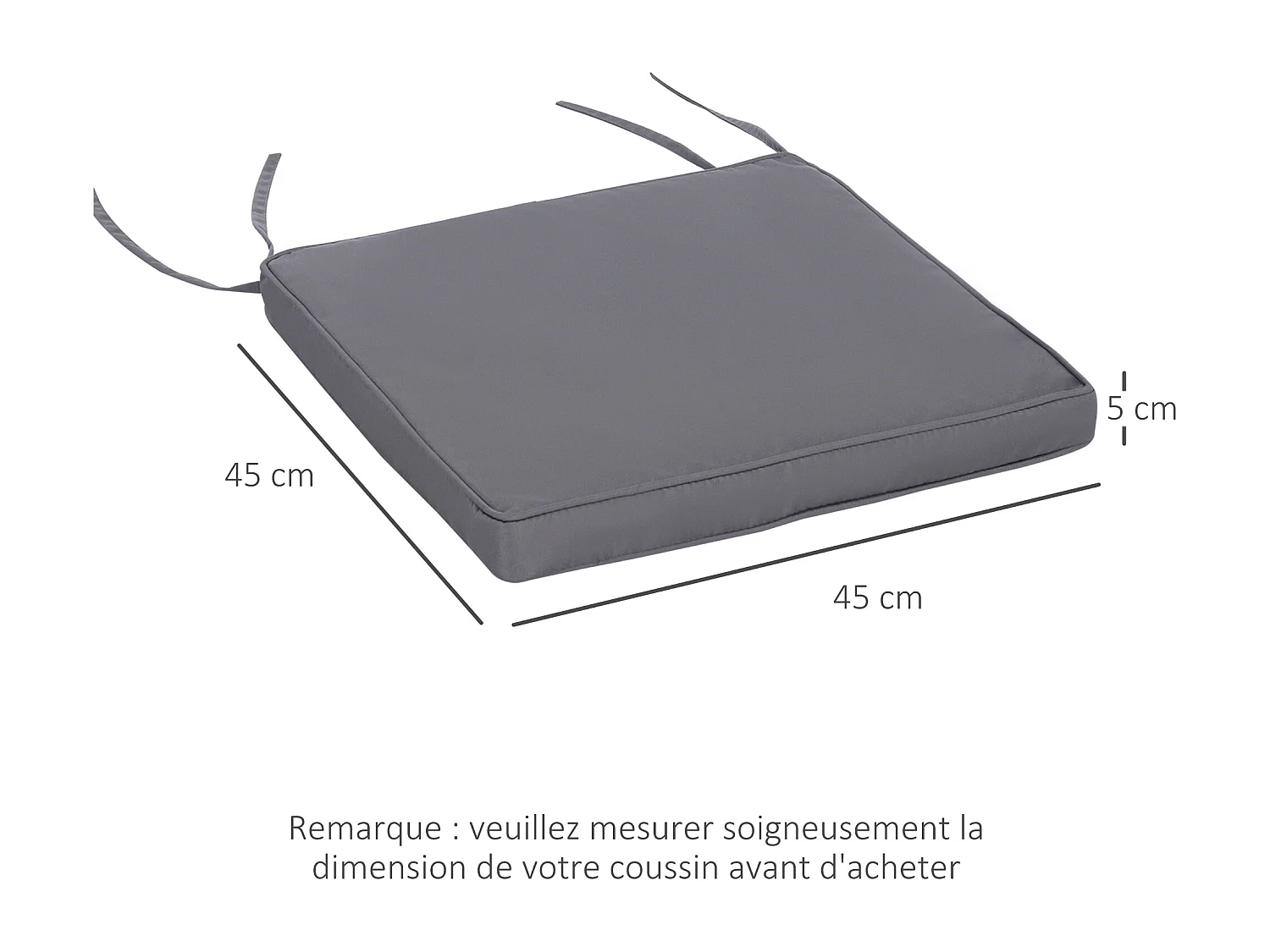 Lot de 2 coussins d'assise carrés chaises fauteuils tabourets - coussins déhoussables zippés avec cordons d'attache - dim. 45L x 45l cm ép. 5 cm - polyester gris