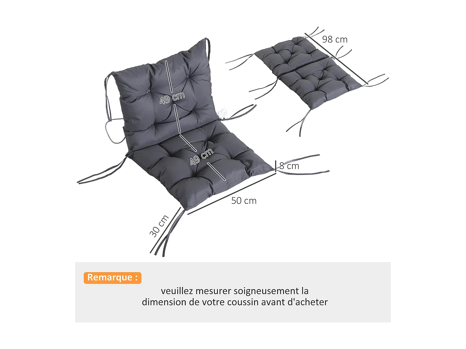 Lot de 2 coussins matelas assise dossier 2 en 1 pour chaise fauteuil grand confort 98L x 50l x 8H cm gris