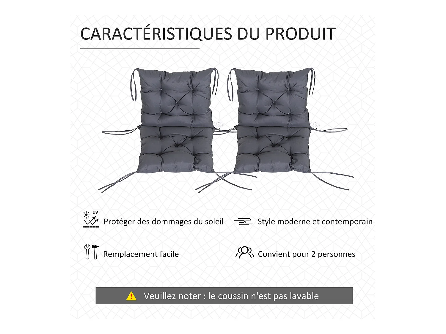 Lot de 2 coussins matelas assise dossier 2 en 1 pour chaise fauteuil grand confort 98L x 50l x 8H cm gris