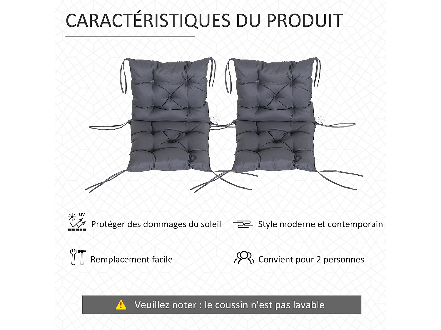 Lot de 2 coussins matelas assise dossier 2 en 1 pour chaise fauteuil grand confort 98L x 50l x 8H cm gris