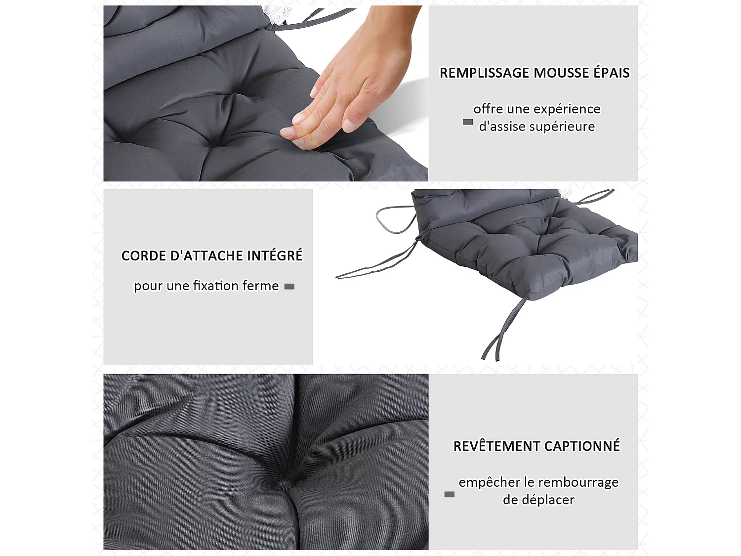 Lot de 2 coussins matelas assise dossier 2 en 1 pour chaise fauteuil grand confort 98L x 50l x 8H cm gris