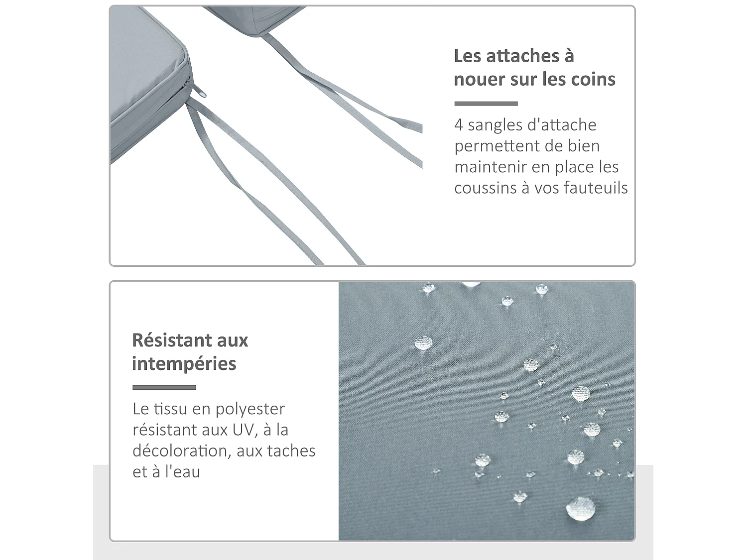 Lot de 2 coussins d'assise carrés chaises fauteuils tabourets - coussins déhoussables zippés avec cordons d'attache - dim. 45L x 45l cm ép. 5 cm - polyester gris