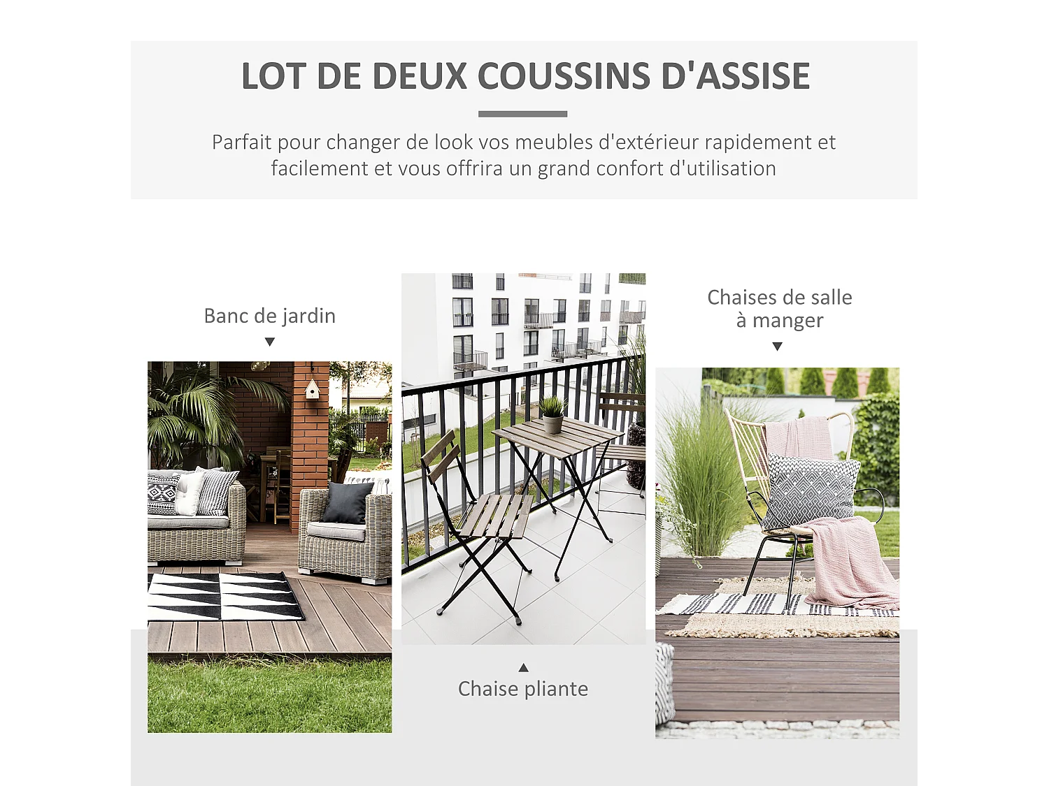 Lot de 2 coussins d'assise carrés chaises fauteuils tabourets - coussins déhoussables zippés avec cordons d'attache - dim. 45L x 45l cm ép. 5 cm - polyester gris