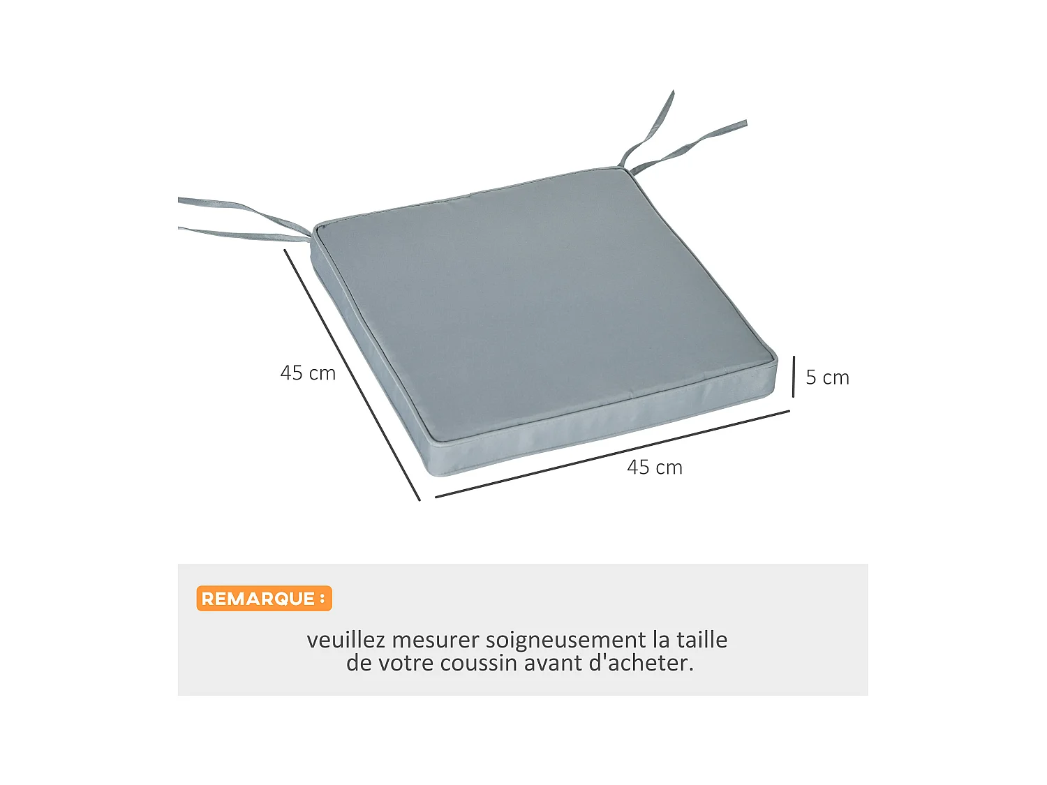 Lot de 2 coussins d'assise carrés chaises fauteuils tabourets - coussins déhoussables zippés avec cordons d'attache - dim. 45L x 45l cm ép. 5 cm - polyester gris