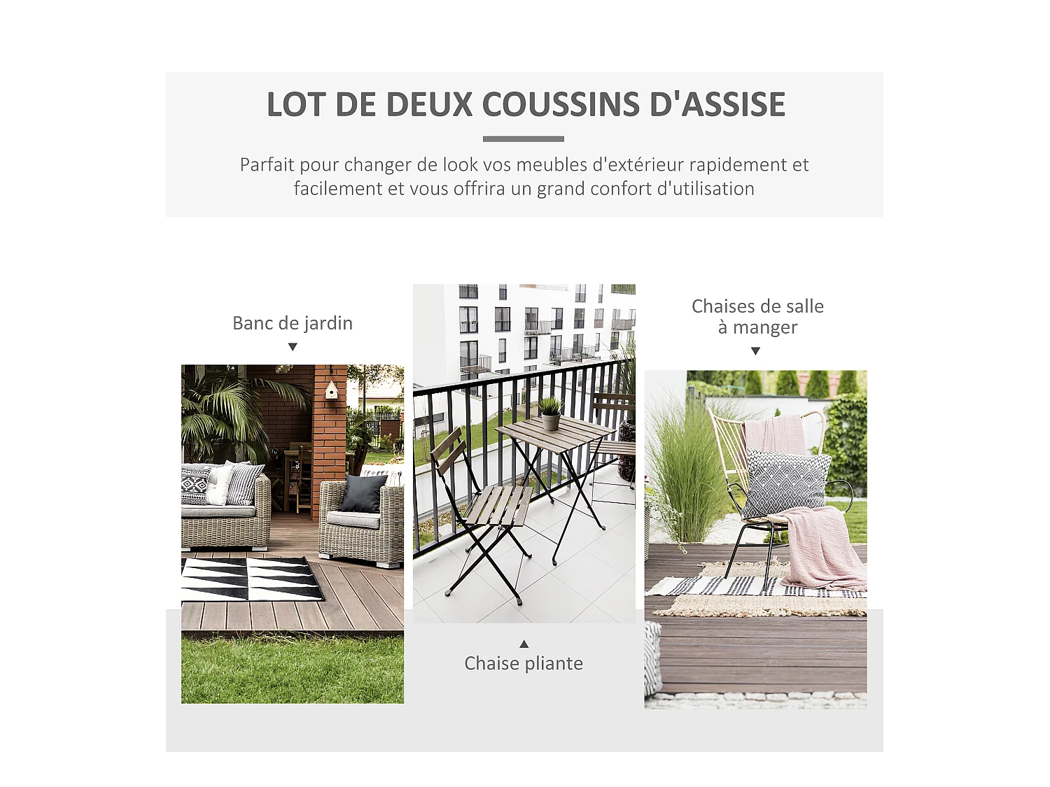 Lot de 2 coussins d'assise carrés chaises fauteuils tabourets - coussins déhoussables zippés avec cordons d'attache - dim. 45L x 45l cm ép. 5 cm - polyester gris