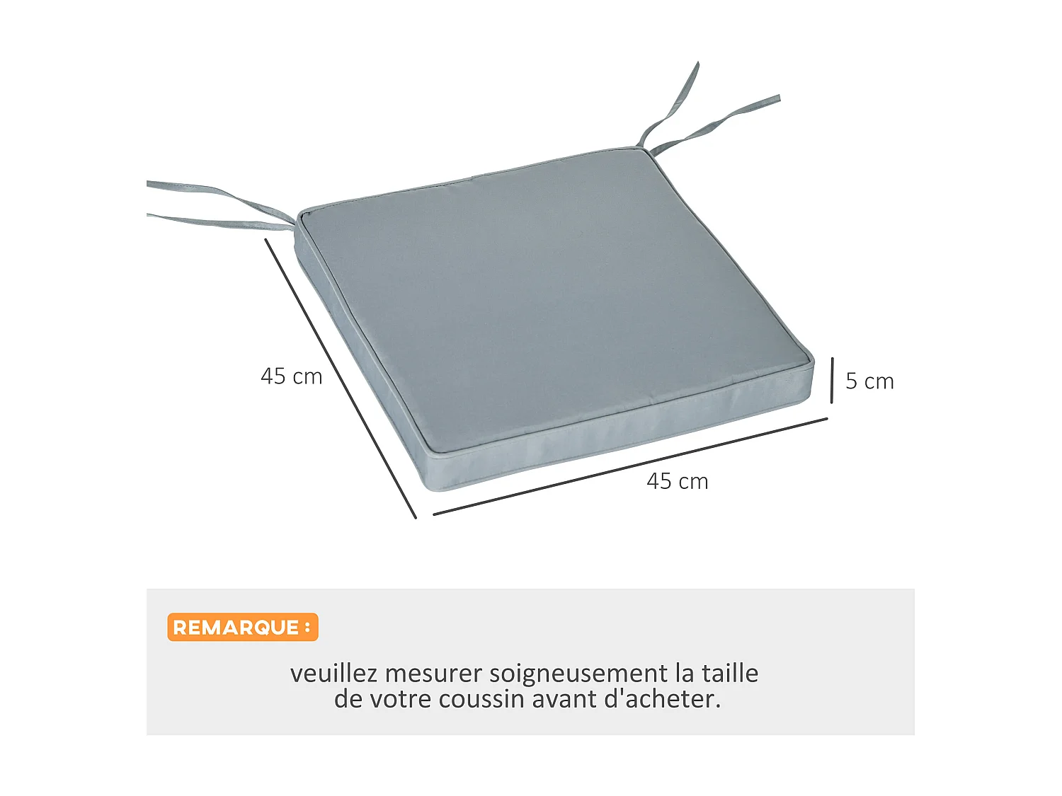 Lot de 2 coussins d'assise carrés chaises fauteuils tabourets - coussins déhoussables zippés avec cordons d'attache - dim. 45L x 45l cm ép. 5 cm - polyester gris