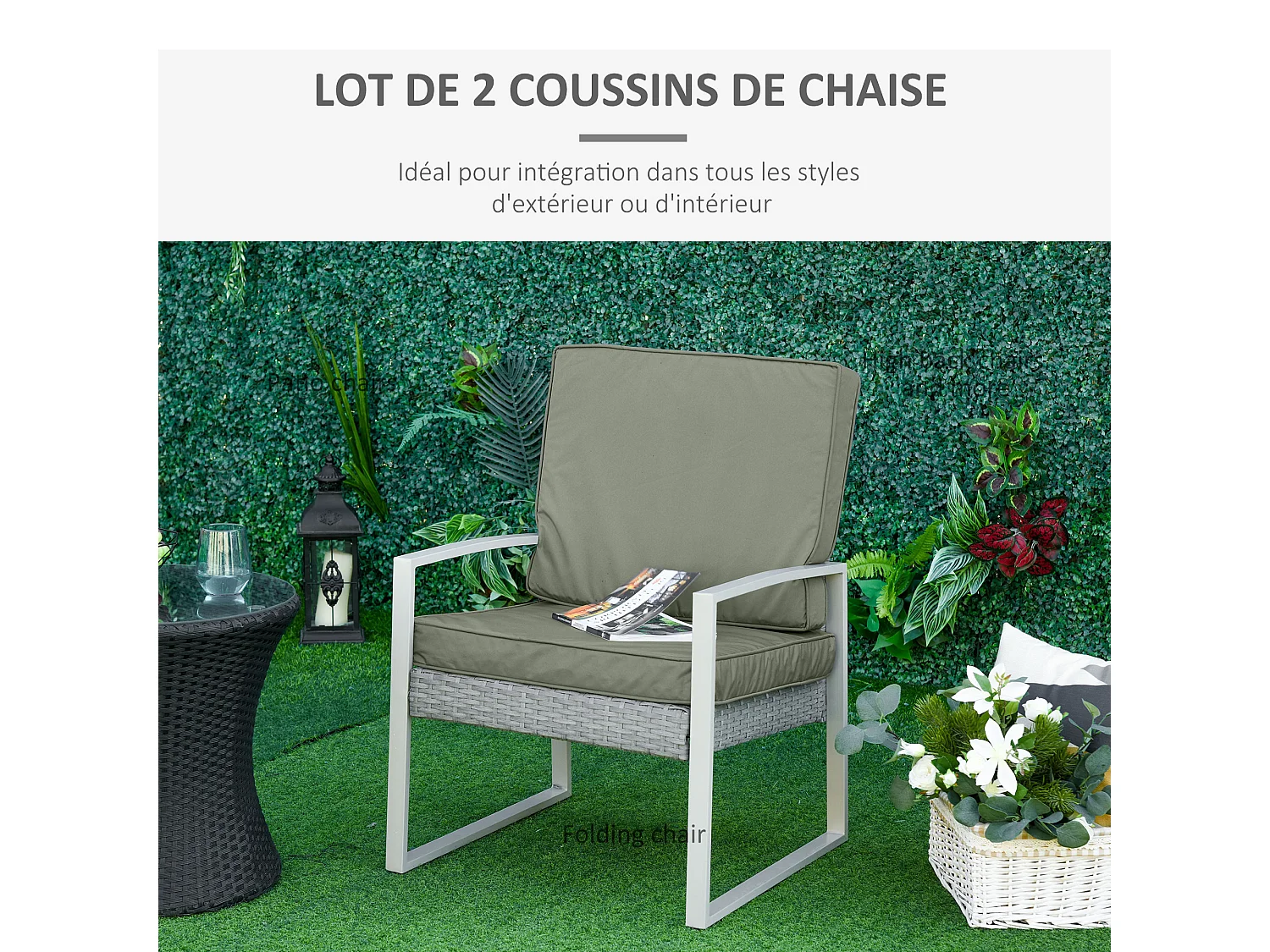 Coussins de fauteuil de jardin zippés déhoussables - galettes de chaise de jardin - épais rembourrage 7 cm - polyester haute densité gris