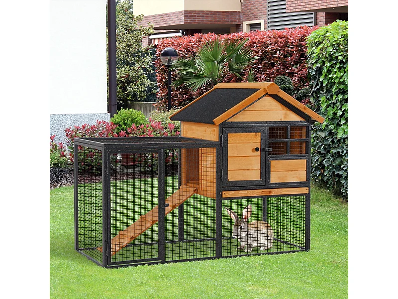 Clapier cage à lapins cottage - niche supérieure avec rampe et enclos extérieur - plateau excrément, fenêtre, 2 portes verrouillables - métal époxy pin pré-huilé