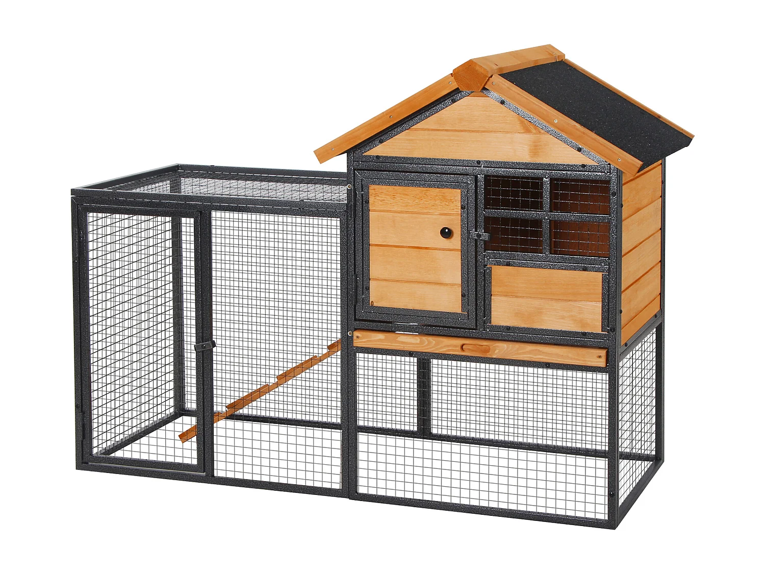 Clapier cage à lapins cottage - niche supérieure avec rampe et enclos extérieur - plateau excrément, fenêtre, 2 portes verrouillables - métal époxy pin pré-huilé