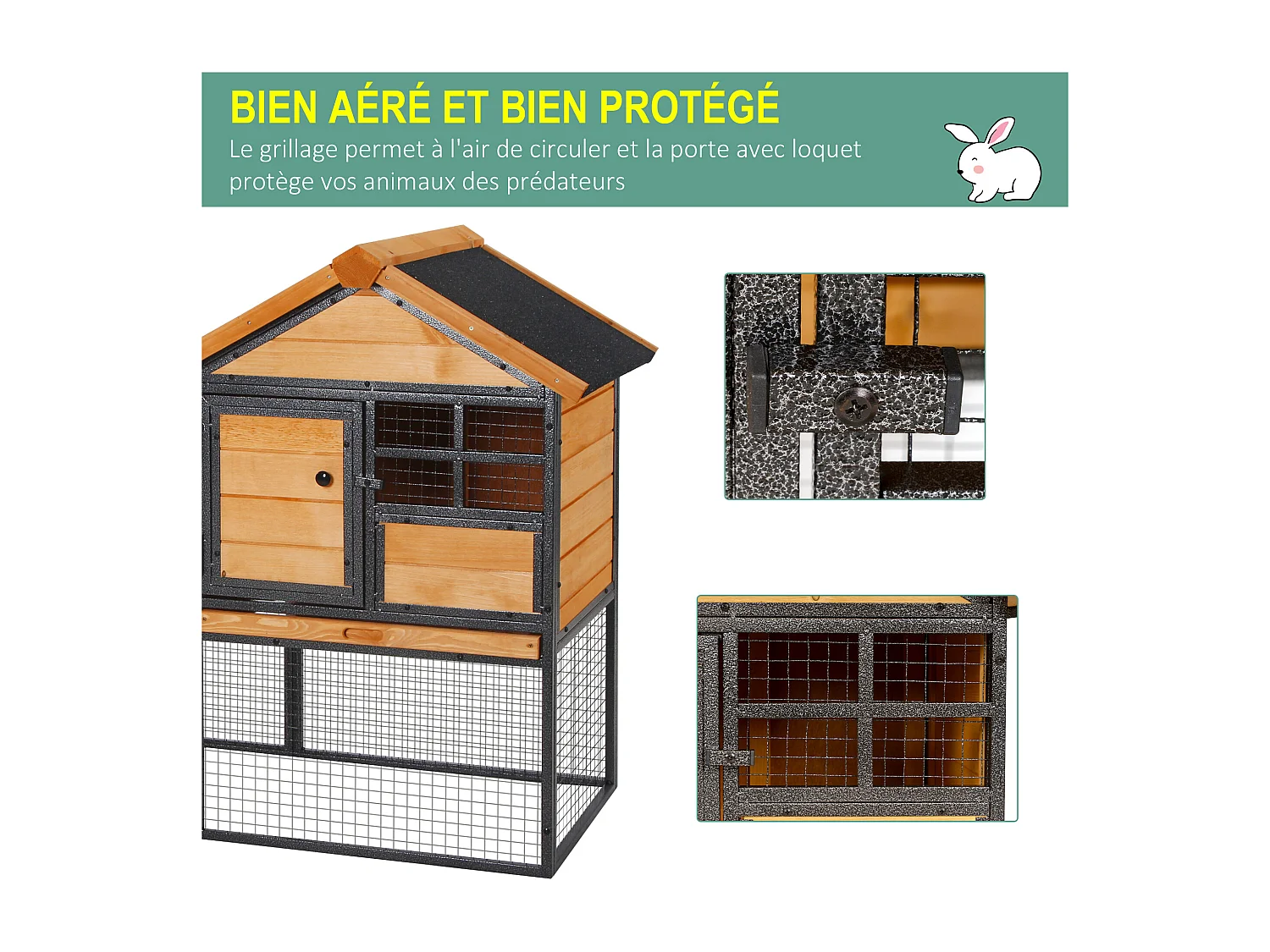 Clapier cage à lapins cottage - niche supérieure avec rampe et enclos extérieur - plateau excrément, fenêtre, 2 portes verrouillables - métal époxy pin pré-huilé