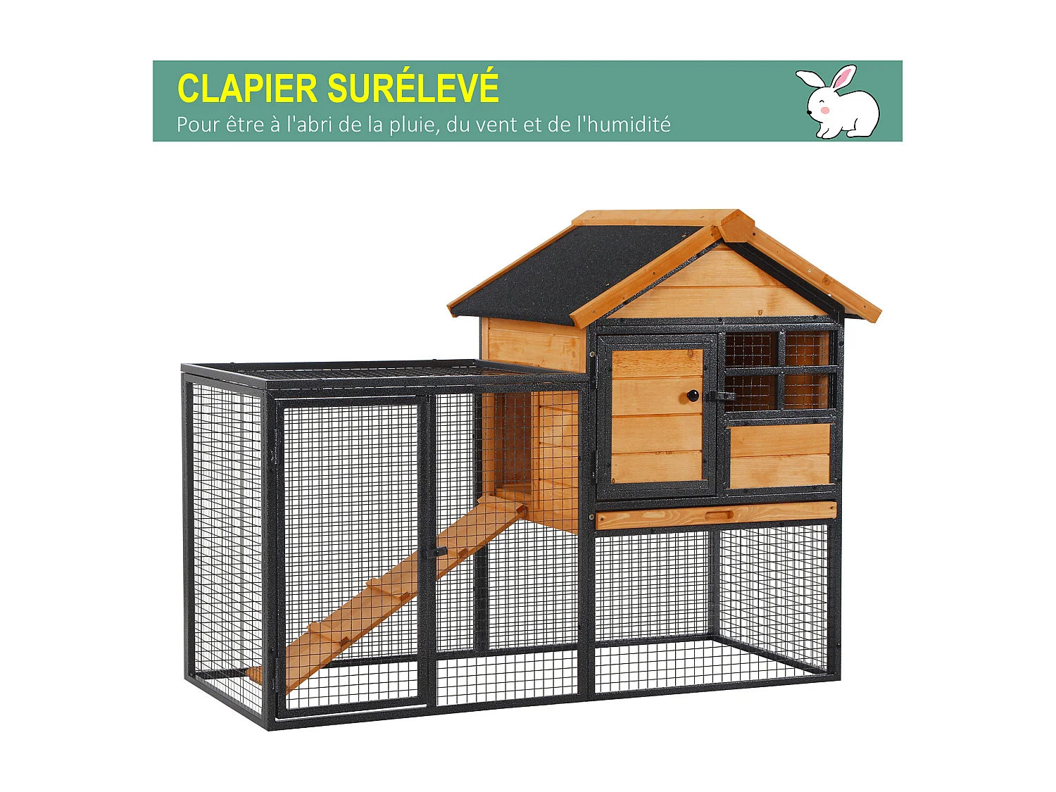Clapier cage à lapins cottage - niche supérieure avec rampe et enclos extérieur - plateau excrément, fenêtre, 2 portes verrouillables - métal époxy pin pré-huilé
