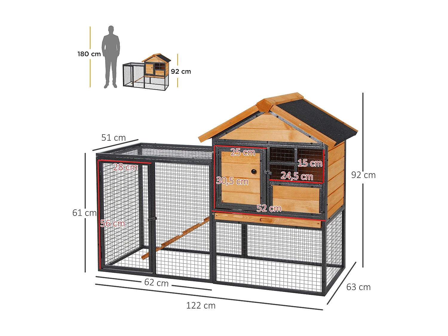 Clapier cage à lapins cottage - niche supérieure avec rampe et enclos extérieur - plateau excrément, fenêtre, 2 portes verrouillables - métal époxy pin pré-huilé