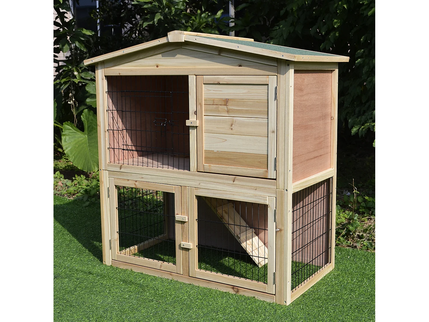 Clapier à lapin cage à lapin 2 étages 4 portes verrouillables rampe toit bitûmé bois de sapin