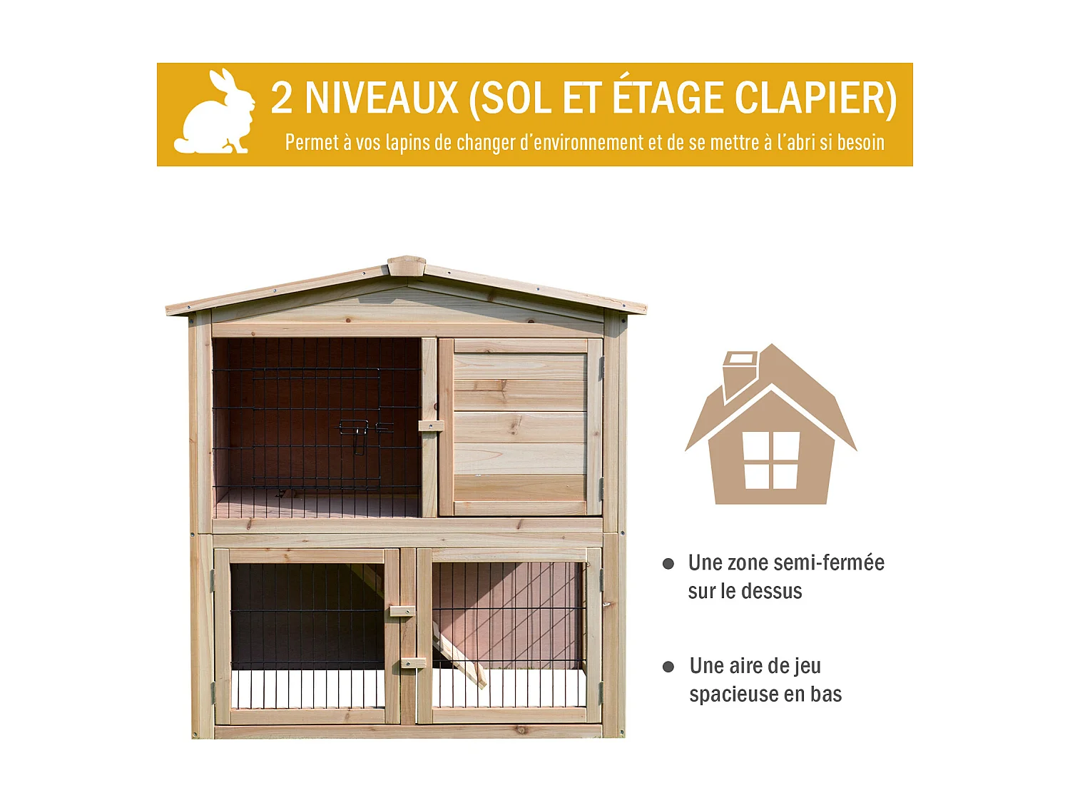 Clapier à lapin cage à lapin 2 étages 4 portes verrouillables rampe toit bitûmé bois de sapin