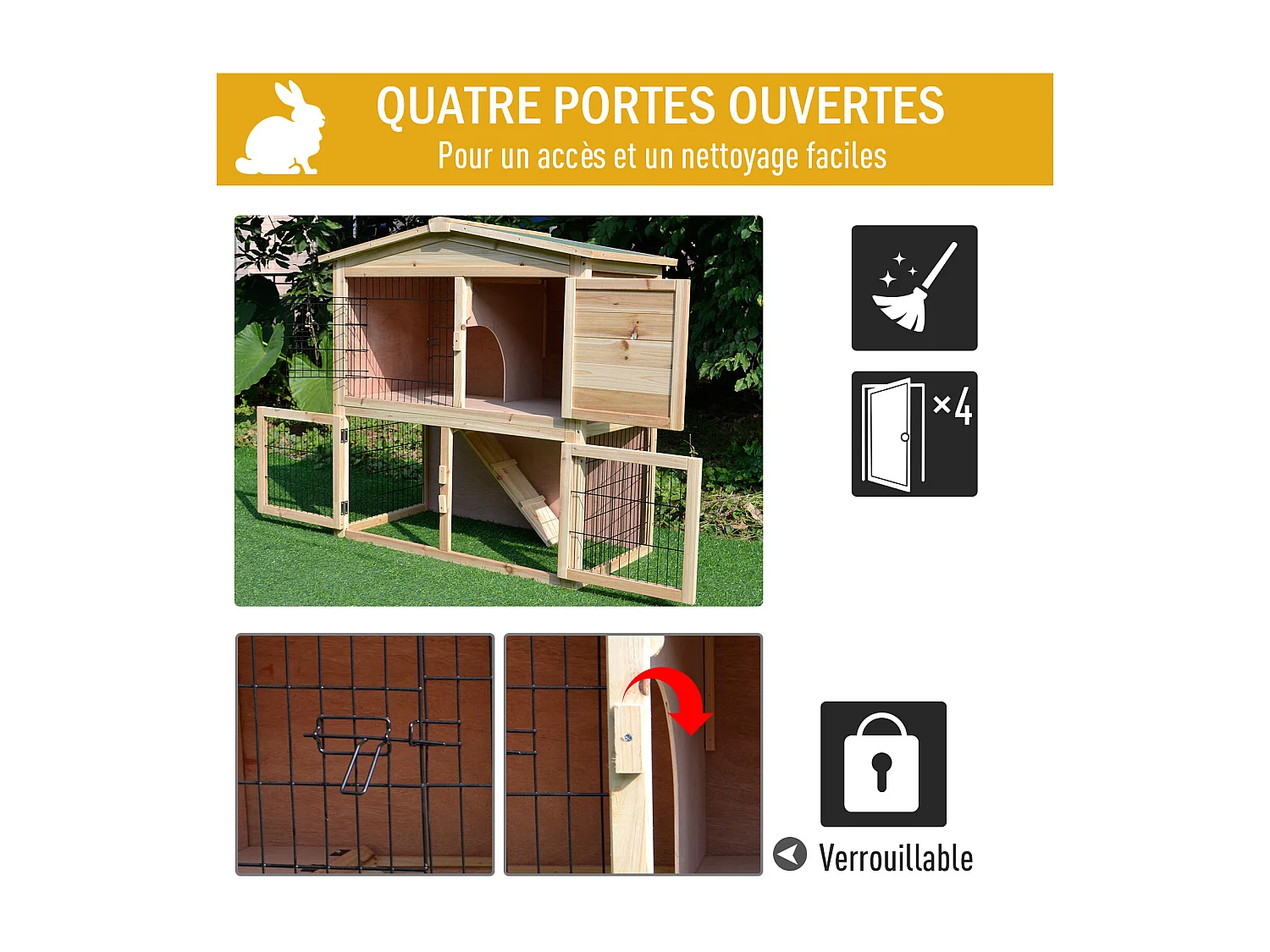 Clapier à lapin cage à lapin 2 étages 4 portes verrouillables rampe toit bitûmé bois de sapin