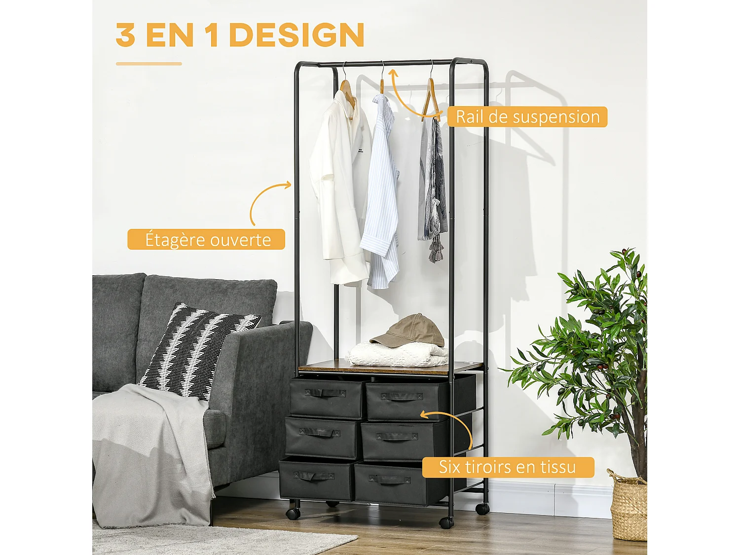 Penderie portant à vêtements style industriel sur roulettes 6 tiroirs barre penderie acier noir panneaux aspect bois