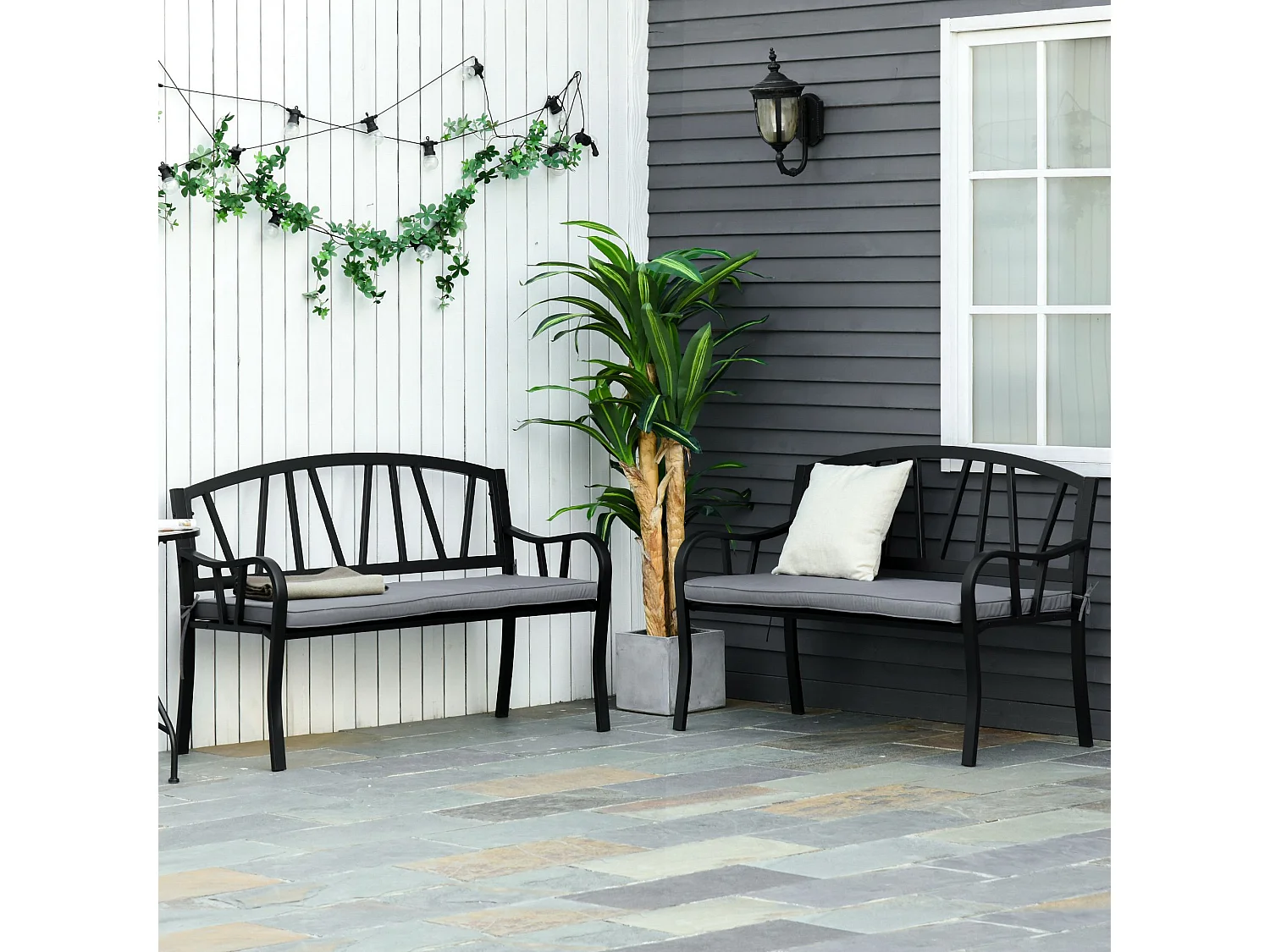 Coussins de banc de jardin déhoussables - coussins balancelle - lot de 2 - dim. 120L x 50l cm - rembourrage 5 cm - cordons d'attache - polyester gris