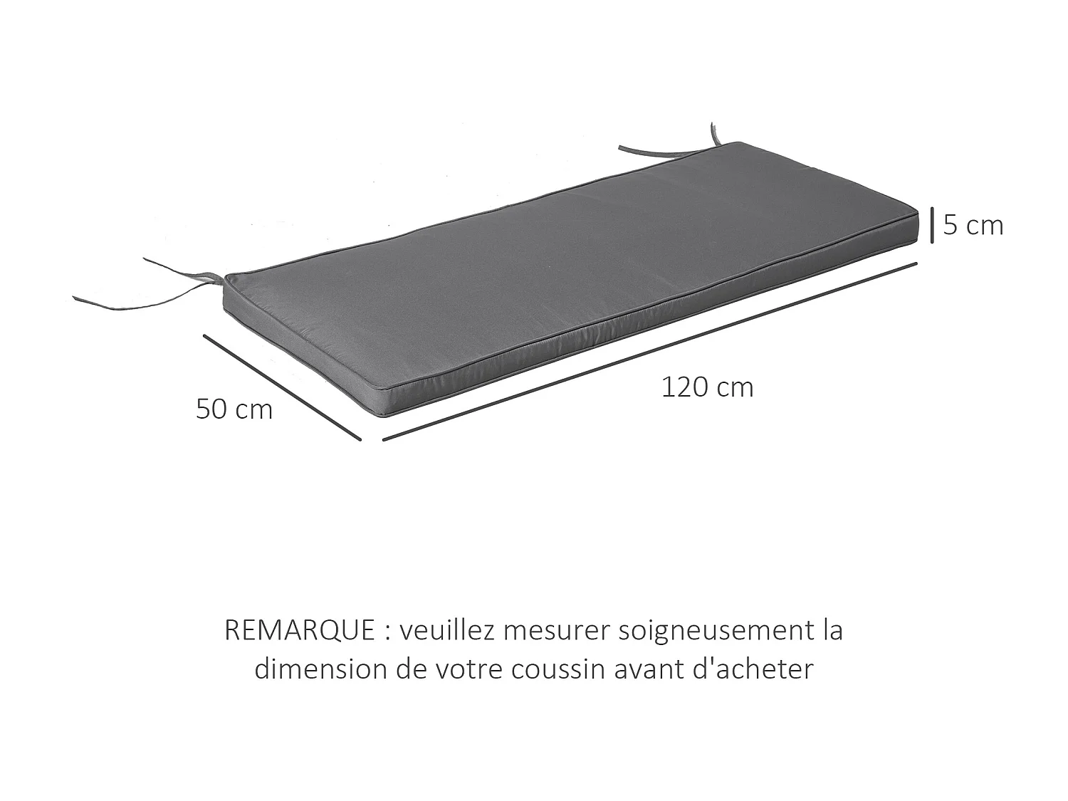 Coussins de banc de jardin déhoussables - coussins balancelle - lot de 2 - dim. 120L x 50l cm - rembourrage 5 cm - cordons d'attache - polyester gris