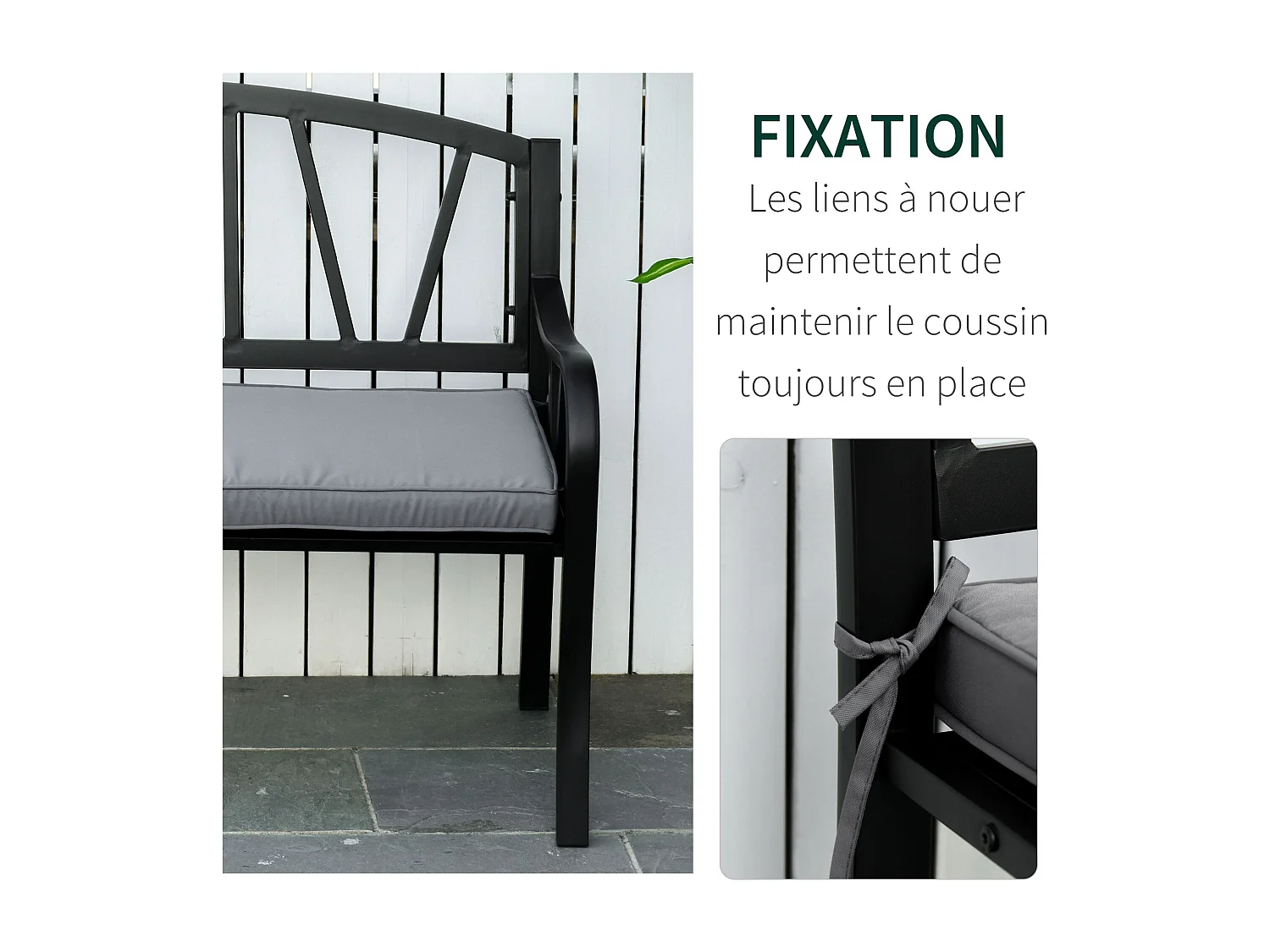 Coussins de banc de jardin déhoussables - coussins balancelle - lot de 2 - dim. 120L x 50l cm - rembourrage 5 cm - cordons d'attache - polyester gris
