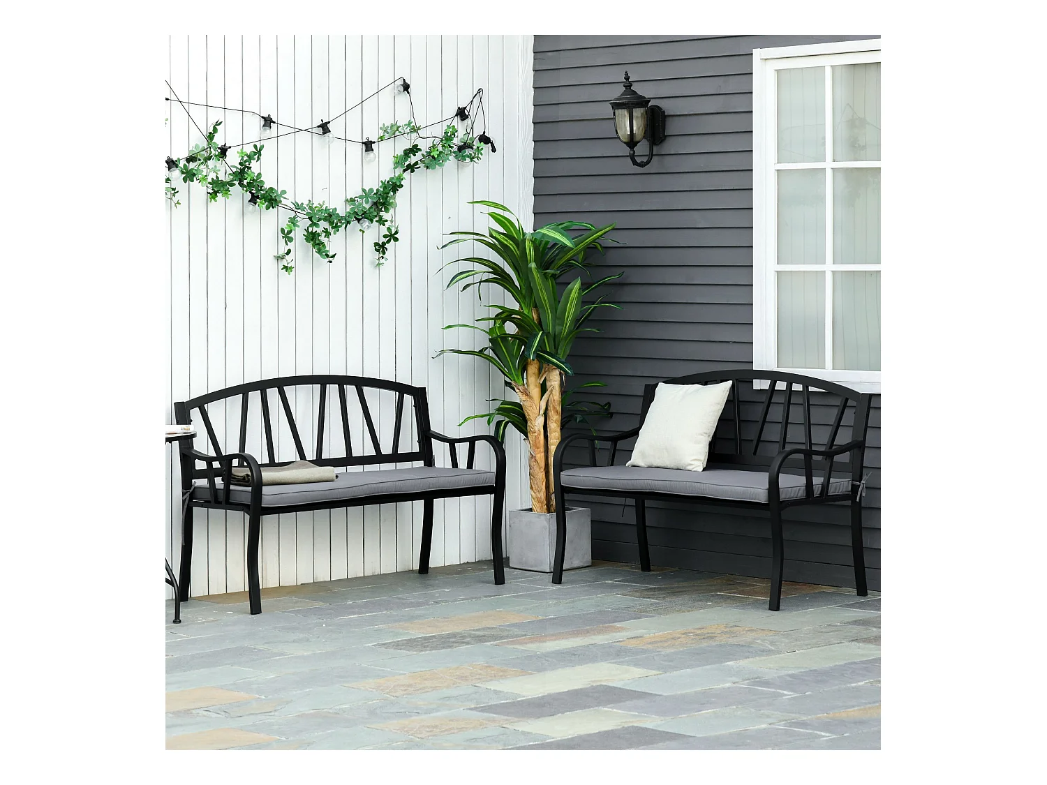 Coussins de banc de jardin déhoussables - coussins balancelle - lot de 2 - dim. 120L x 50l cm - rembourrage 5 cm - cordons d'attache - polyester gris