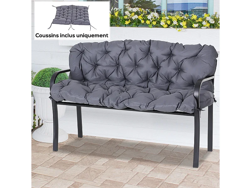 Coussin matelas assise dossier pour banc de jardin balancelle canapé 2 places grand confort 132 x 110 x 10 cm gris