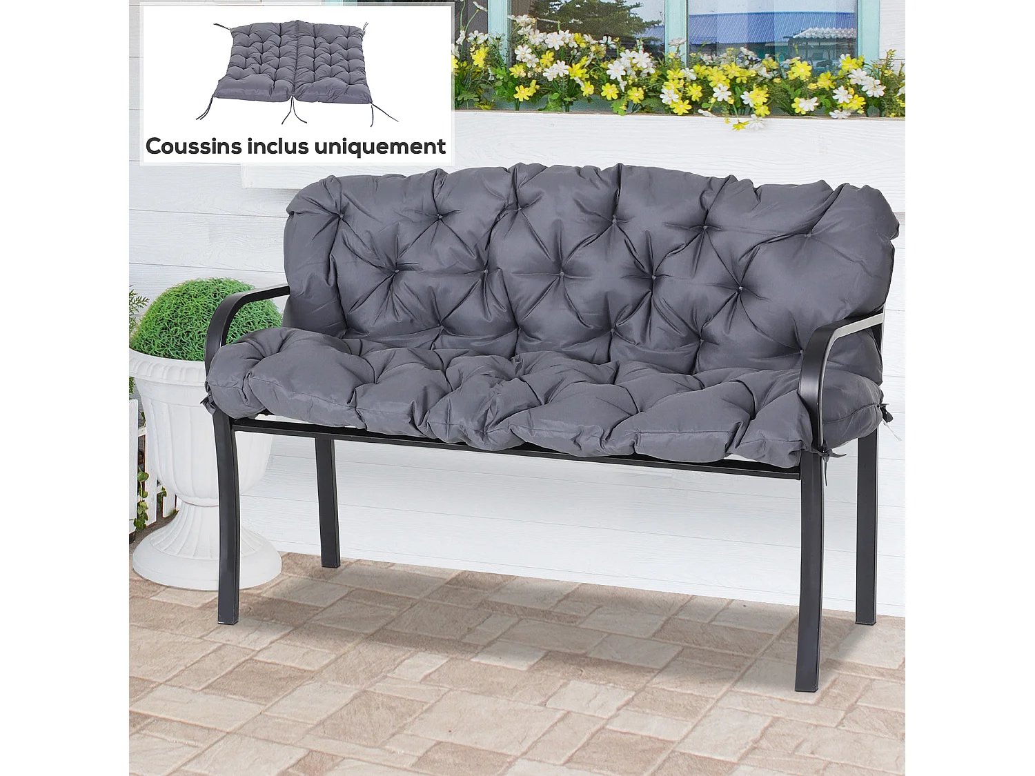 Coussin matelas assise dossier pour banc de jardin balancelle canapé 2 places grand confort 132 x 110 x 10 cm gris