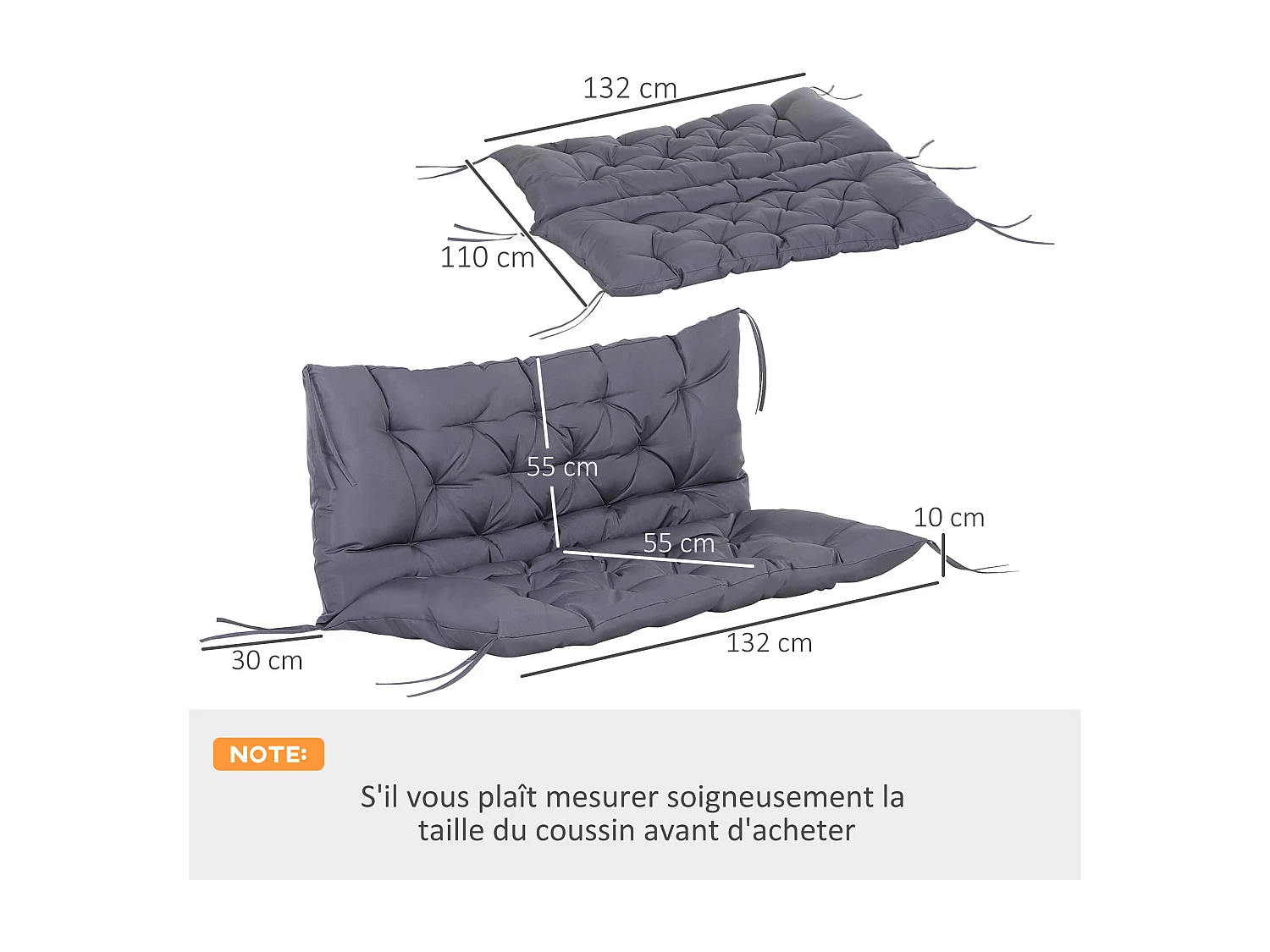 Coussin matelas assise dossier pour banc de jardin balancelle canapé 2 places grand confort 132 x 110 x 10 cm gris
