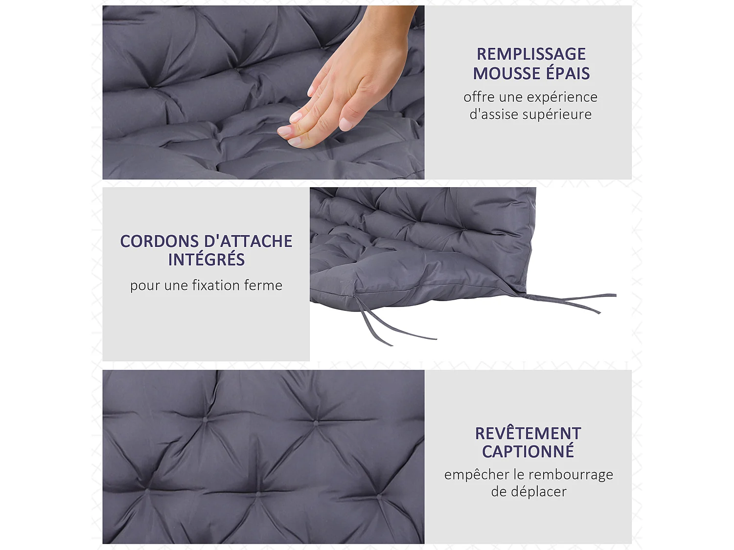 Coussin matelas assise dossier pour banc de jardin balancelle canapé 2 places grand confort 132 x 110 x 10 cm gris