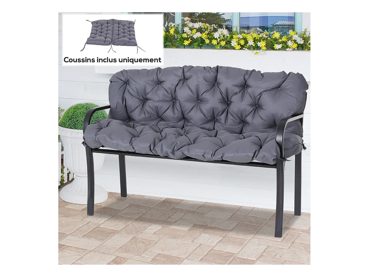Coussin matelas assise dossier pour banc de jardin balancelle canapé 2 places grand confort 132 x 110 x 10 cm gris