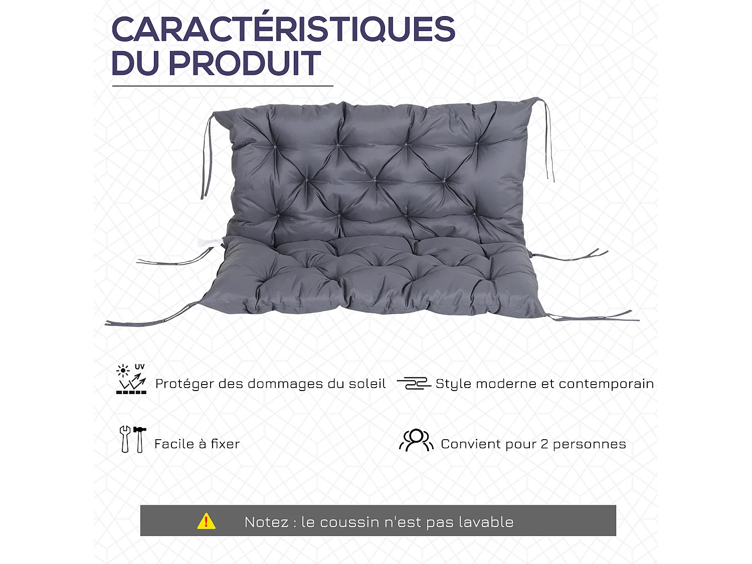 Coussin matelas assise dossier pour banc de jardin balancelle canapé grand confort 100 x 98 x 8 cm gris