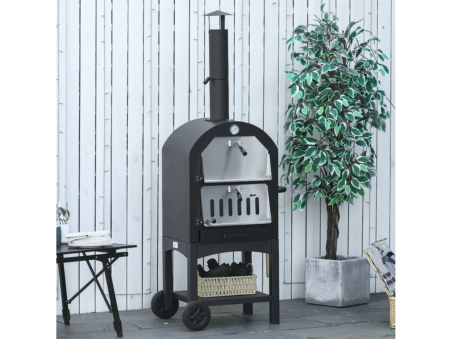 Four à pizza extérieur au charbon de bois - barbecue sur roulettes - four à bois - pierre réfractaire - cheminée, jauge température - acier au carbone noir gris