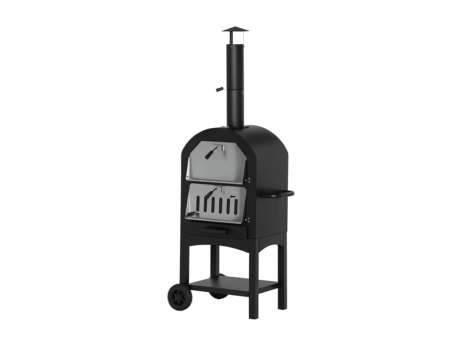 Four à pizza extérieur au charbon de bois - barbecue sur roulettes - four à bois - pierre réfractaire - cheminée, jauge température - acier au carbone noir gris