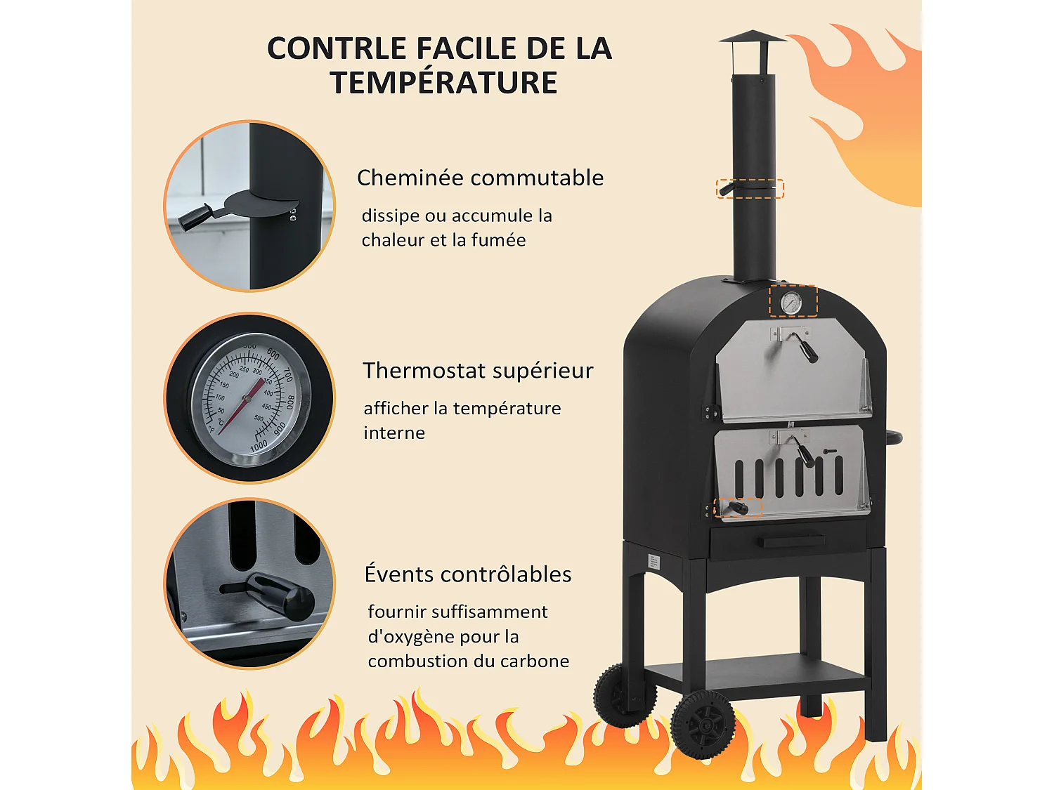 Four à pizza extérieur au charbon de bois - barbecue sur roulettes - four à bois - pierre réfractaire - cheminée, jauge température - acier au carbone noir gris