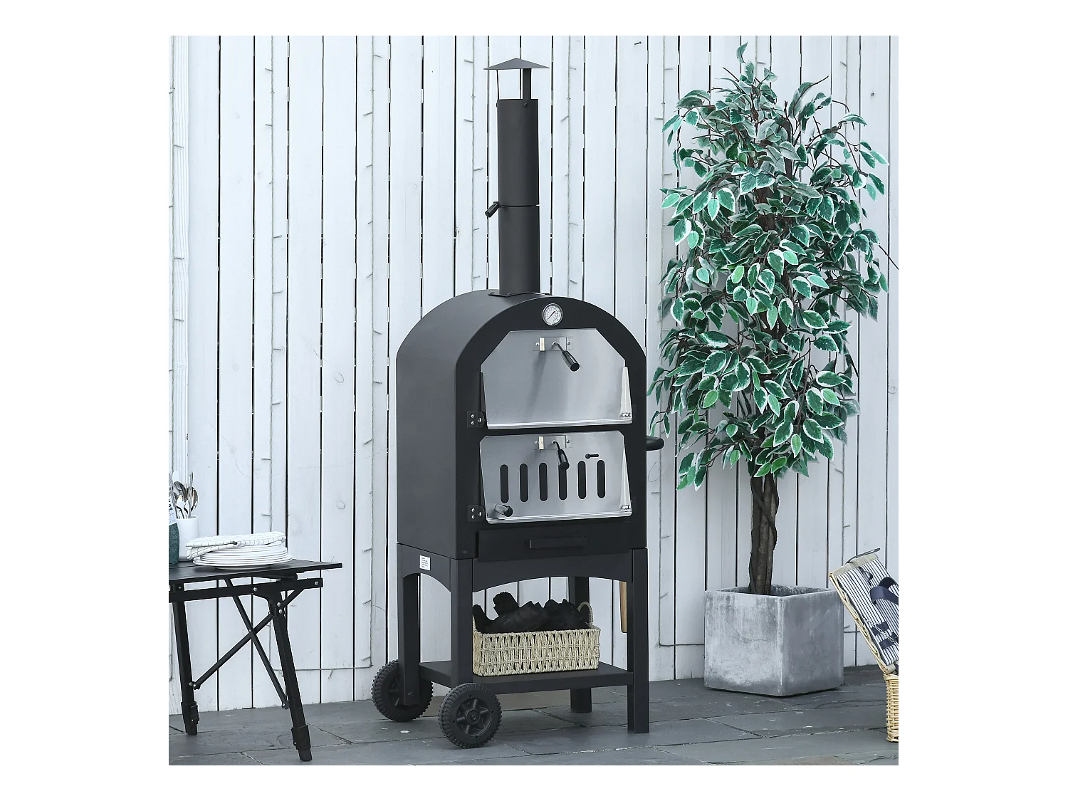 Four à pizza extérieur au charbon de bois - barbecue sur roulettes - four à bois - pierre réfractaire - cheminée, jauge température - acier au carbone noir gris