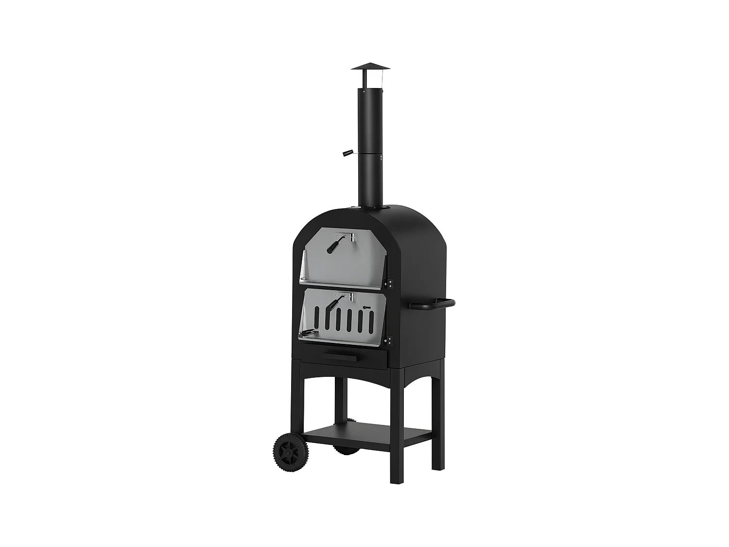 Four à pizza extérieur au charbon de bois - barbecue sur roulettes - four à bois - pierre réfractaire - cheminée, jauge température - acier au carbone noir gris