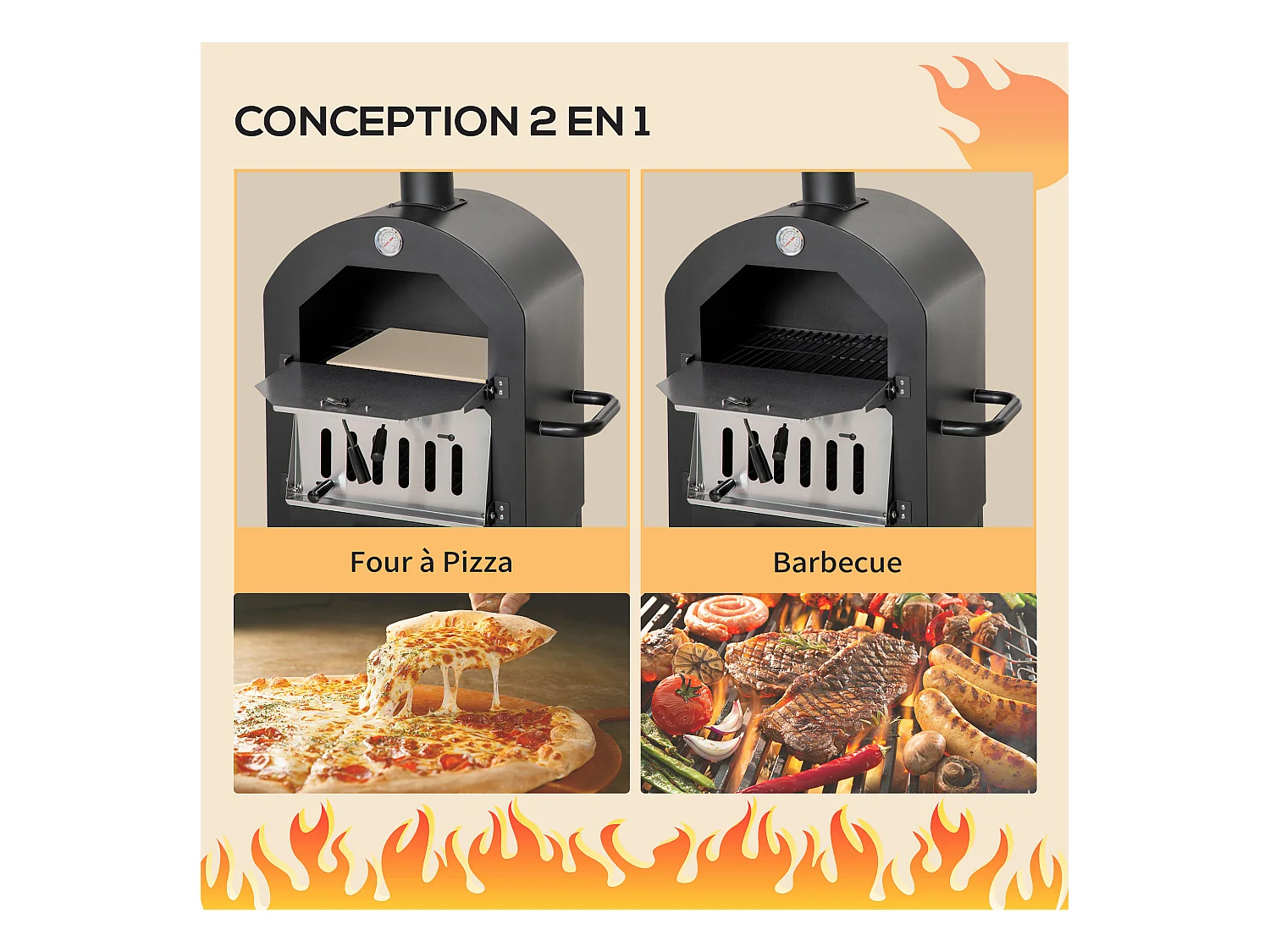 Four à pizza extérieur au charbon de bois - barbecue sur roulettes - four à bois - pierre réfractaire - cheminée, jauge température - acier au carbone noir gris