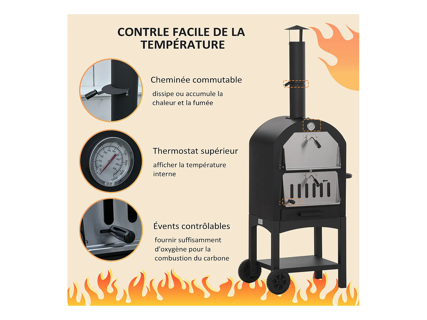 Four à pizza extérieur au charbon de bois - barbecue sur roulettes - four à bois - pierre réfractaire - cheminée, jauge température - acier au carbone noir gris