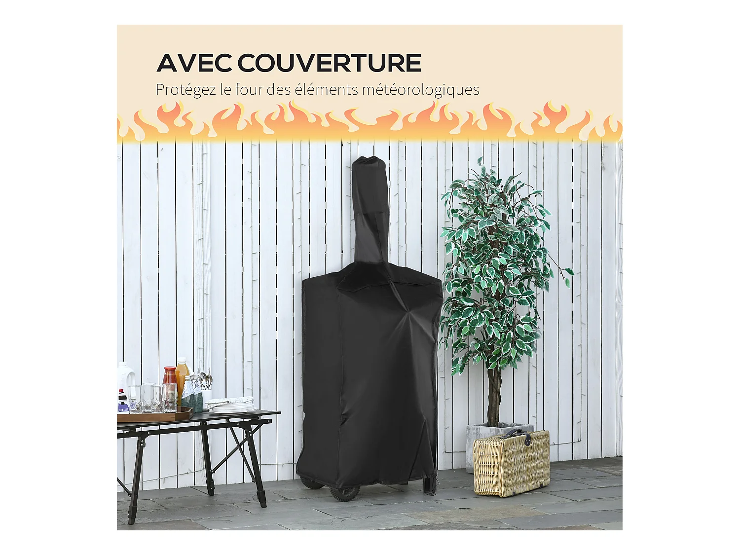 Four à pizza extérieur au charbon de bois - barbecue sur roulettes - four à bois - pierre réfractaire - cheminée, jauge température - acier au carbone noir gris