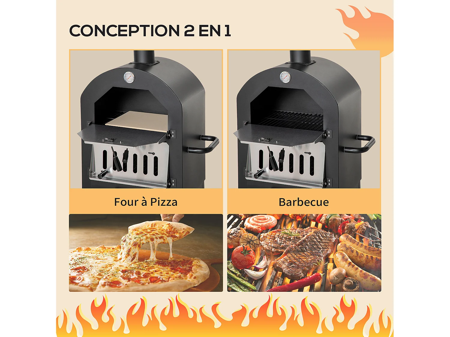 Four à pizza extérieur au charbon de bois - barbecue sur roulettes - four à bois - pierre réfractaire - cheminée, jauge température - acier au carbone noir gris