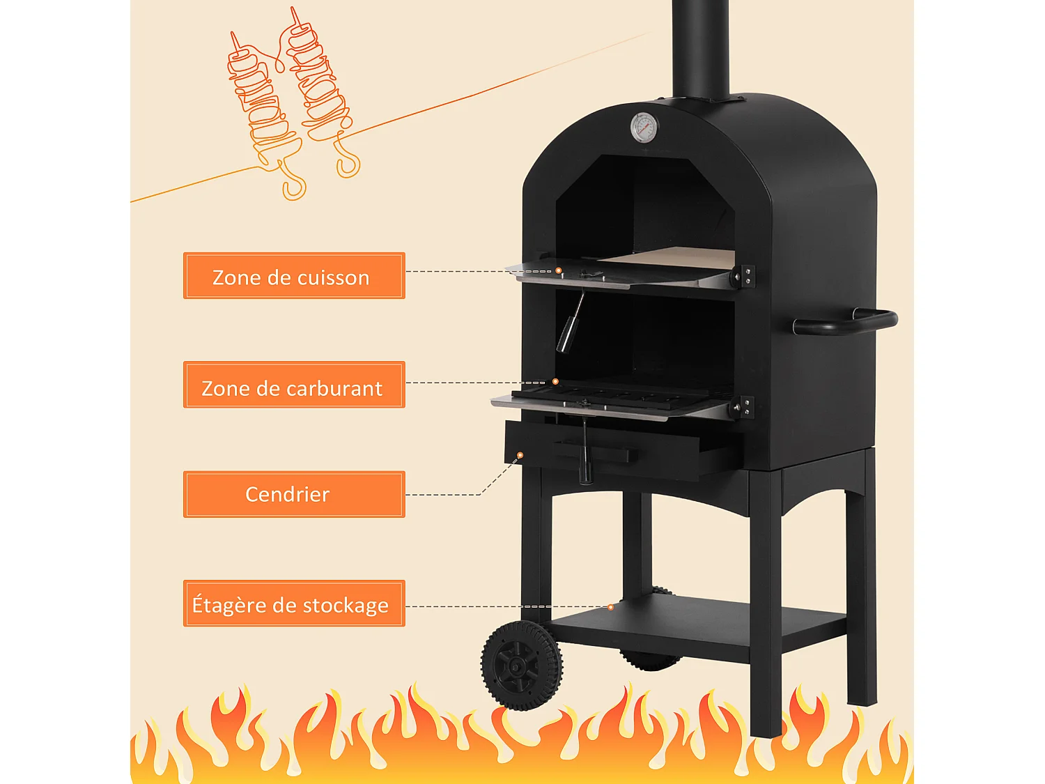 Four à pizza extérieur au charbon de bois - barbecue sur roulettes - four à bois - pierre réfractaire - cheminée, jauge température - acier au carbone noir gris