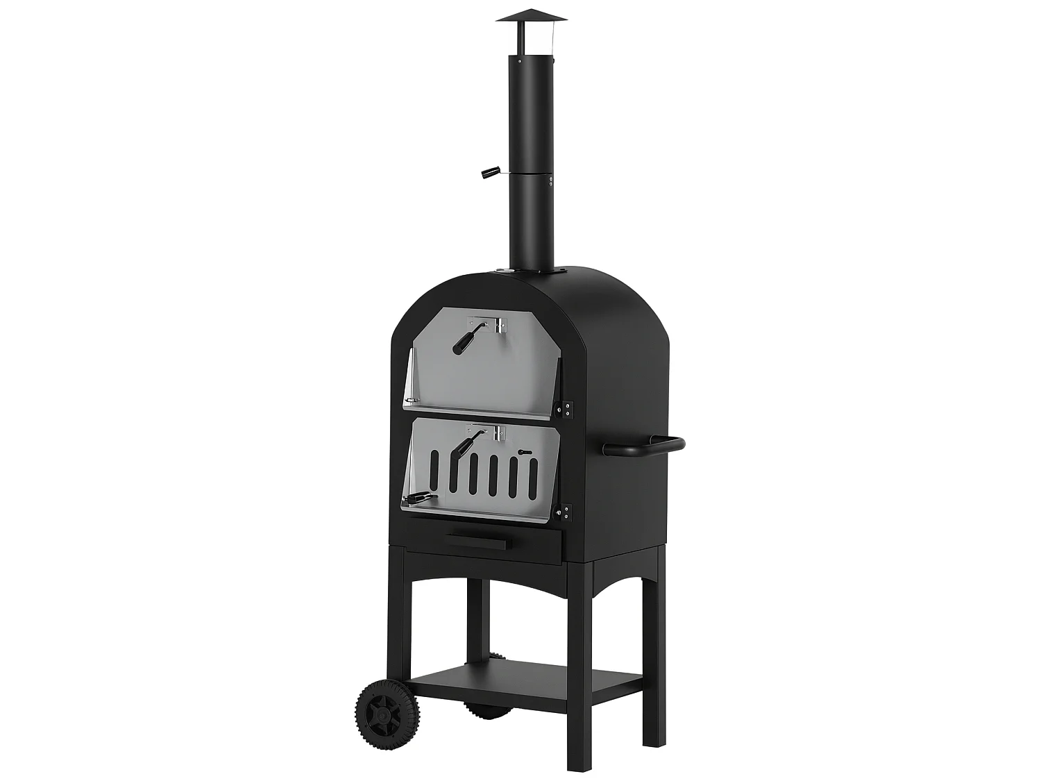 Four à pizza extérieur au charbon de bois - barbecue sur roulettes - four à bois - pierre réfractaire - cheminée, jauge température - acier au carbone noir gris